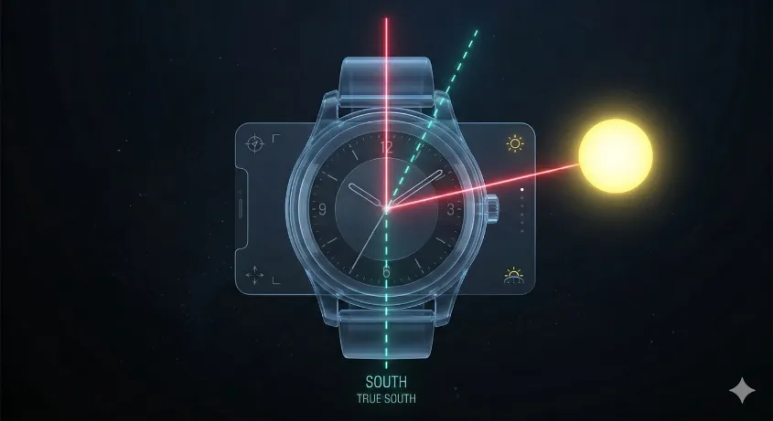 Diagram demonstrating how to find North or South by bisecting the angle between the sun and the 12 o'clock mark on an analog watch