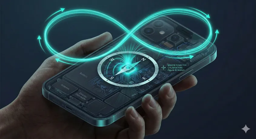 Illustration demonstrating the figure-8 motion required to calibrate a smartphone's internal compass sensor