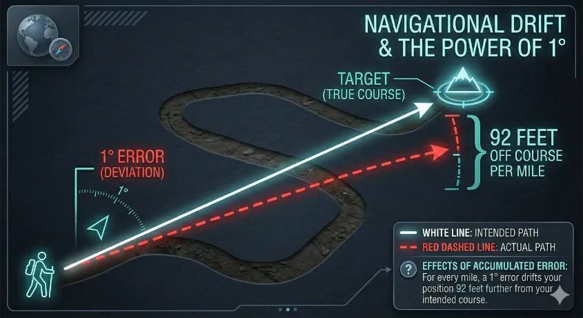 Infographic demonstrating how a 1-degree navigational error compounds over distance
