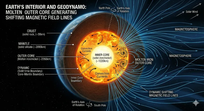Cross-section diagram of the Earth showing the molten iron core generating shifting magnetic field lines