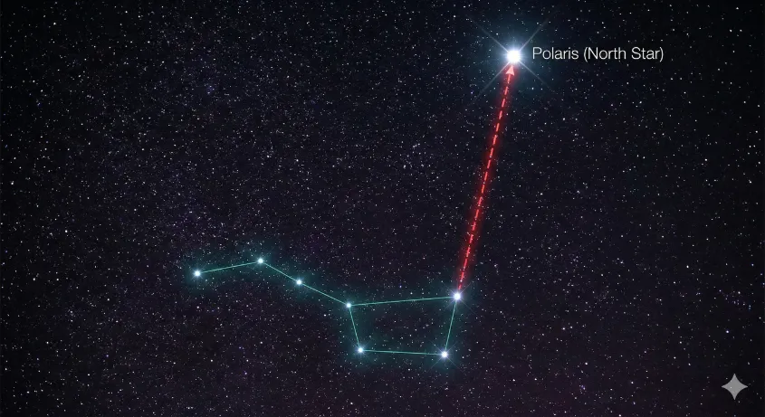 Night sky diagram showing the pointer stars of the Big Dipper aligning to point directly at Polaris, the North Star