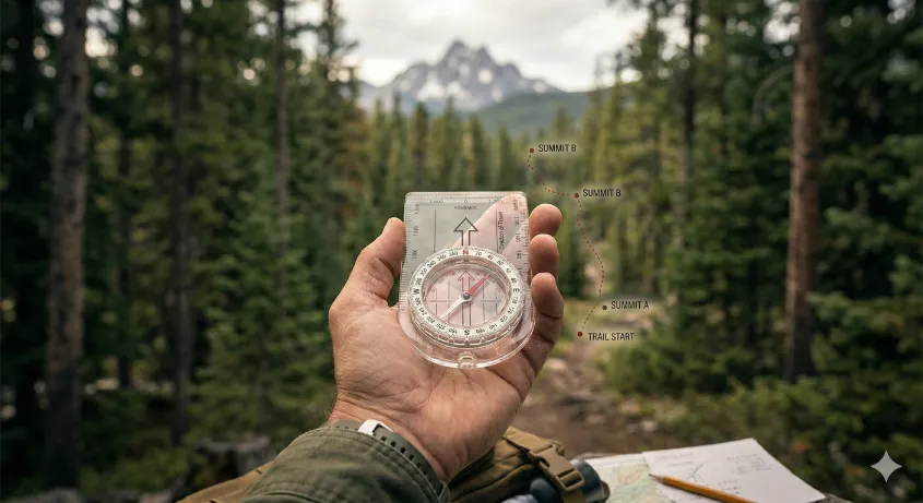 First person view holding a compass flat, showing the red magnetic needle aligned inside the orienting arrow