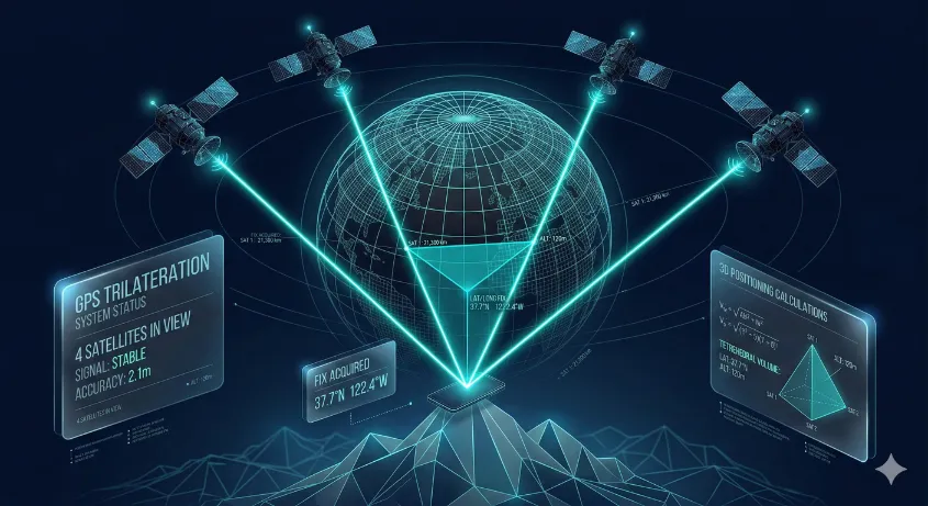 Diagram showing multiple GPS satellites beaming signals down to a smartphone