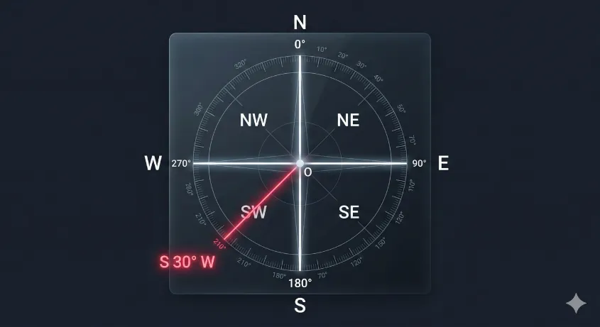 Diagram showing the quadrant bearing system divided into North-East, South-East, South-West, and North-West sectors