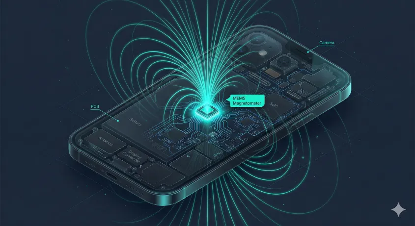 Diagram showing a smartphone's internal MEMS magnetometer sensor detecting Earth's magnetic field lines