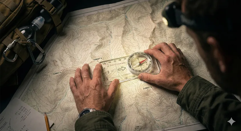 Close-up of hands aligning the straight edge of a baseplate compass between two points on a paper topographic map
