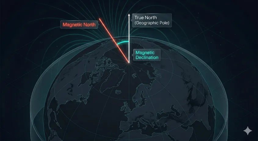 Geographic diagram explaining the difference between True North (Geographic Pole) and Magnetic North, illustrating magnetic declination